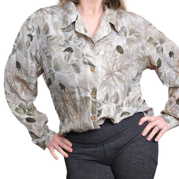 Retro 90s M/L Silk Cream Nature Leaf Print Button Up Blouse Longsleeve Top Shirt - Picture 1 of 11